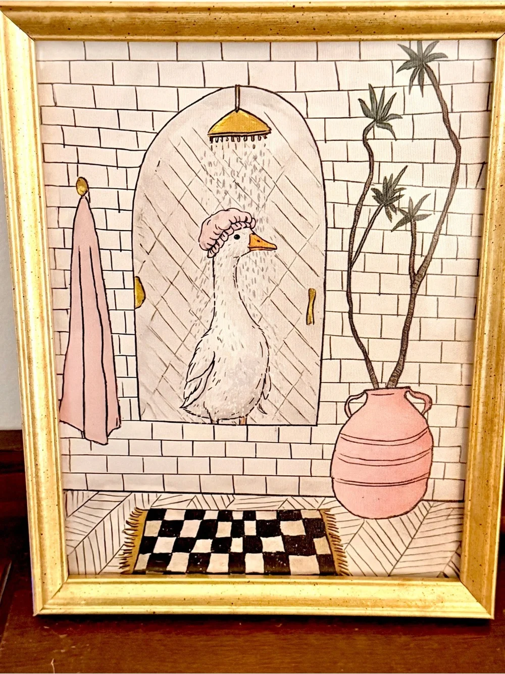 Whimsical Goose in the Shower Quirky Bathroom Canvas Art Print Gold Framed Art